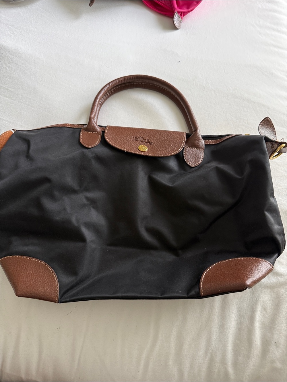 Longchamp Black Tote with Brown Leather Trim